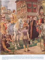 La reina Isabel I inaugurando la Bolsa Real en 1570, ilustración de 